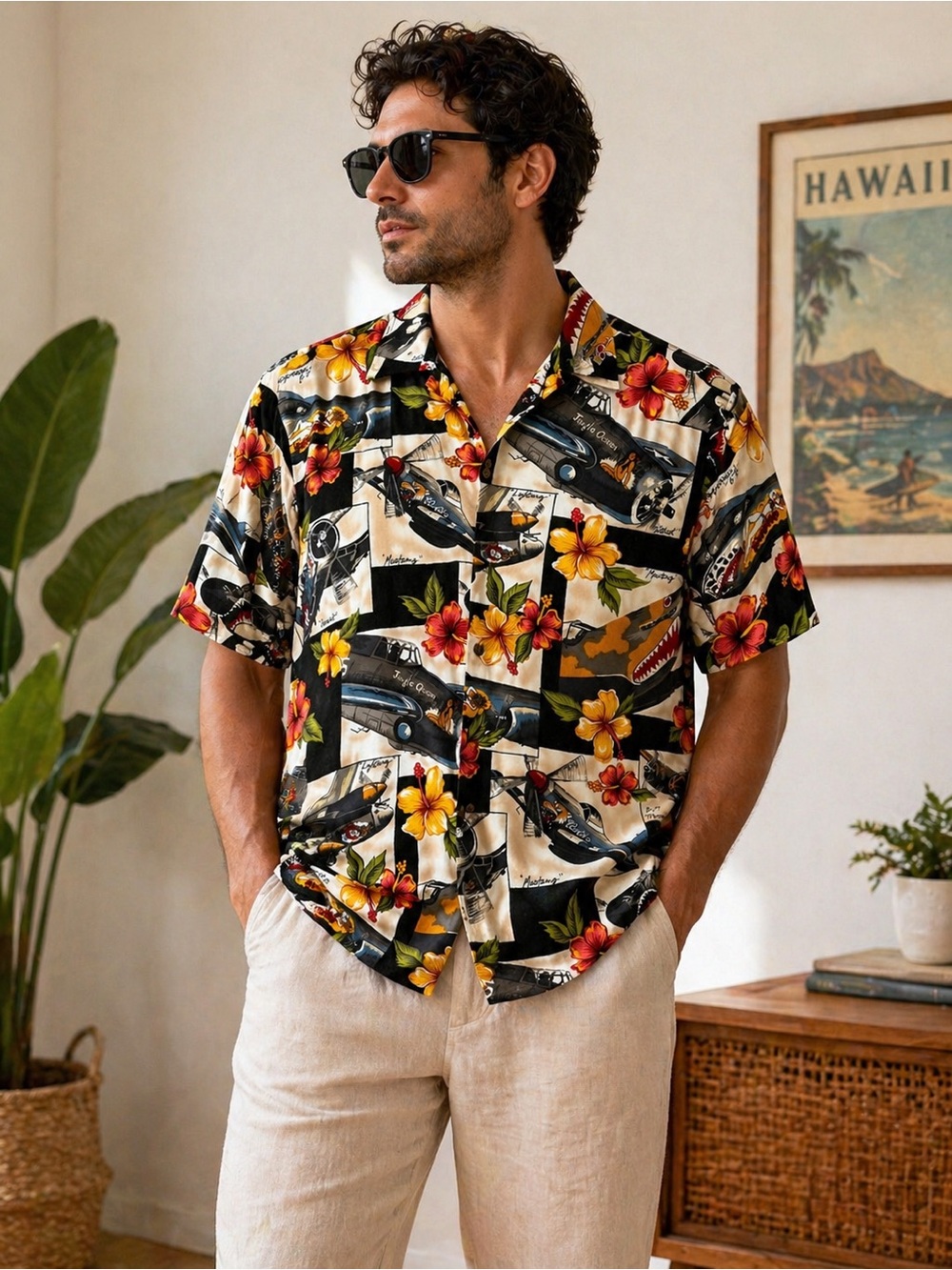 Kalaheo Hawaiian Shirt WWII Airplane Print Corsair Mustang Made In Hawaii L
